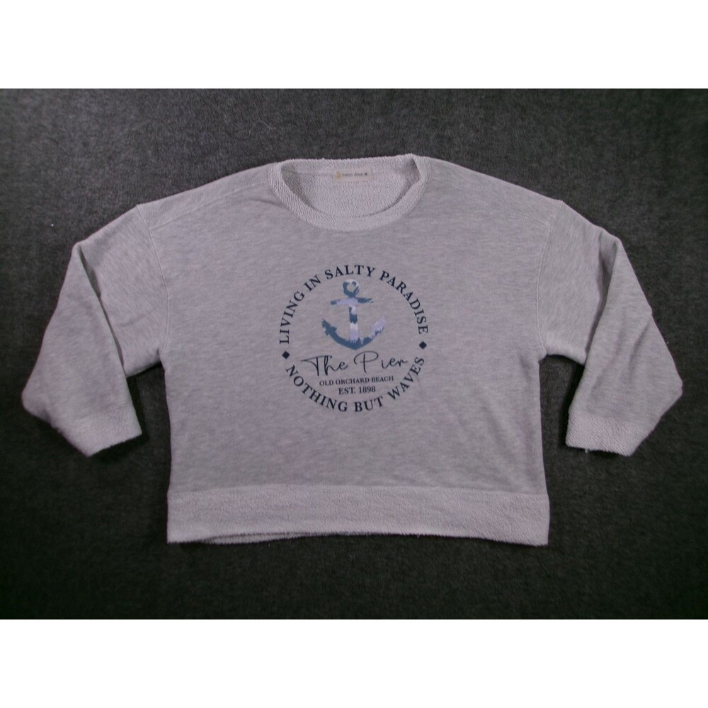 Old Orchard Beach Sweatshirt Women M Gray Nautical Anchor Pullover Terry Cropped